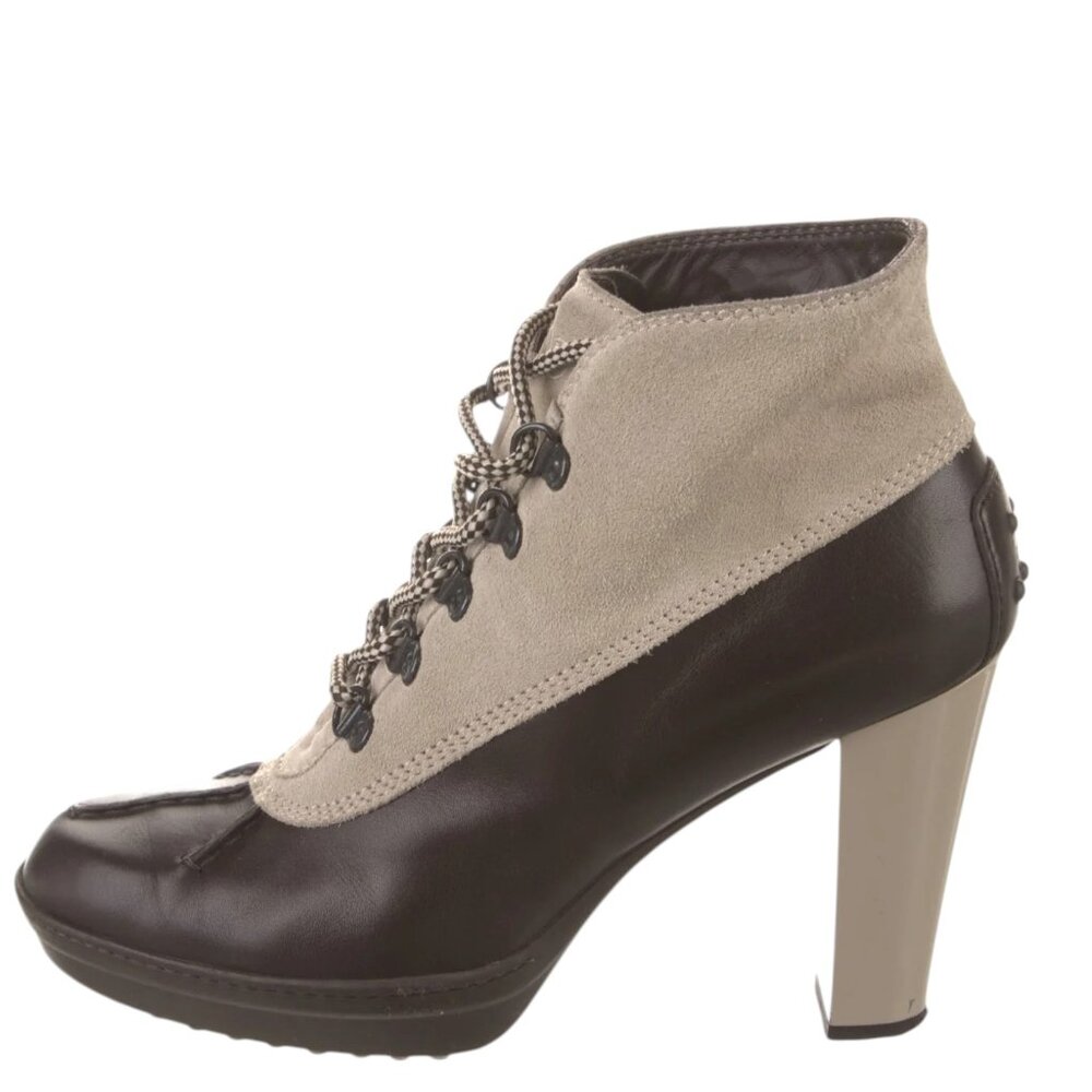 Tod's Tan Suede and Black Leather City Glam Lace-Up Ankle Booties